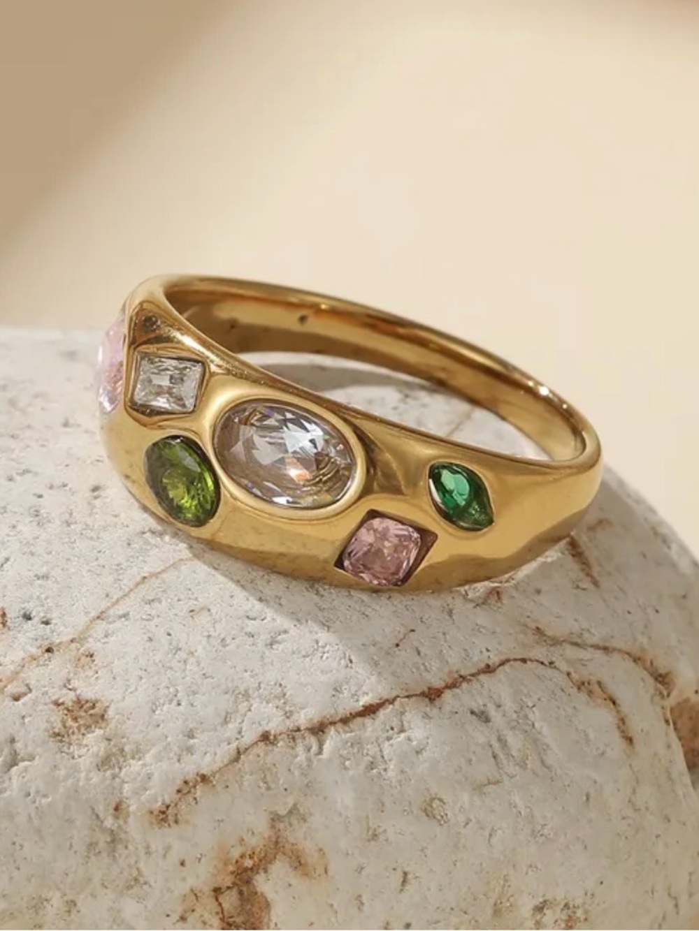Multistone Gold-Plated Dome Ring with Pink, Green & White Stones